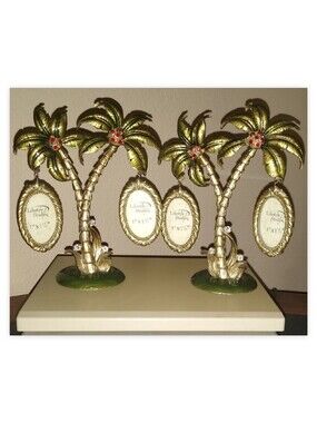 PAIR OF BRASS PALM TREE SCULPTURES W/HANGING RHINESTONE FRAMES